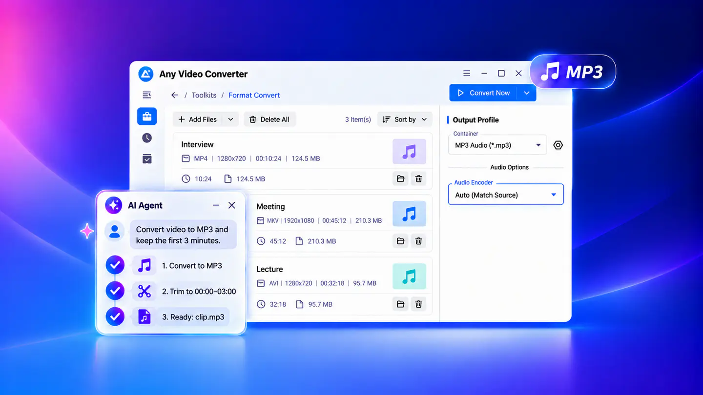 Desktop MP3 toolkit with batch conversion, audio settings, and AI Agent assistance