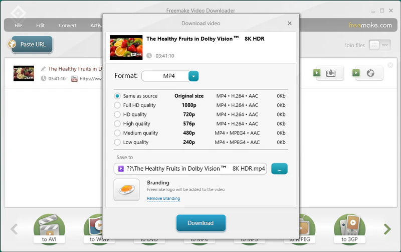 select mp4 as the output format on freemake video downloader