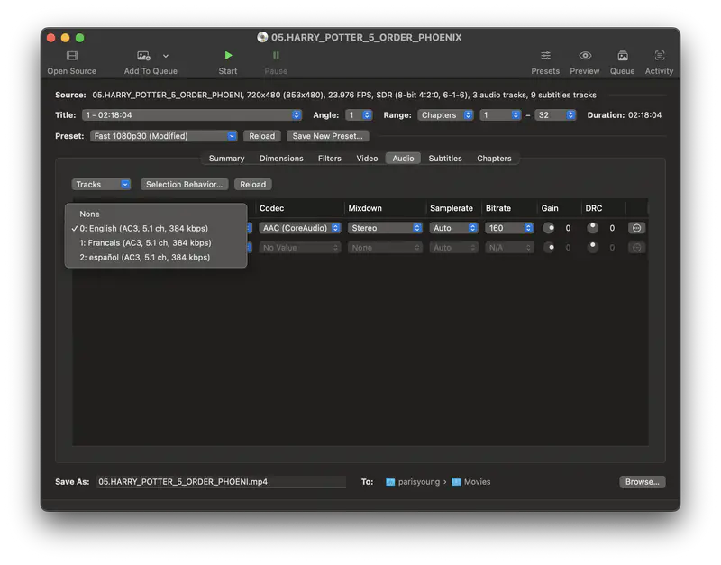 select audio tracks for dvd ripping on handbrake
