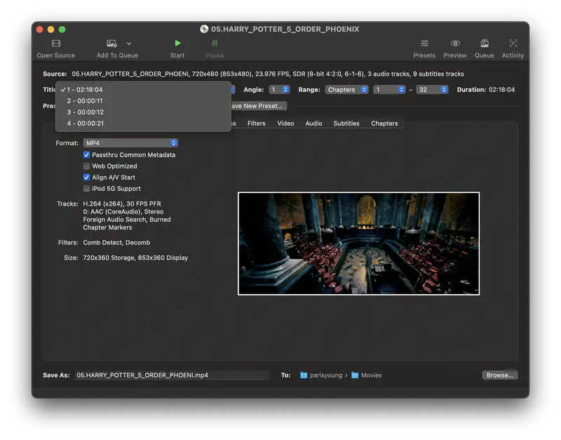 select dvd title on handbrake for mac