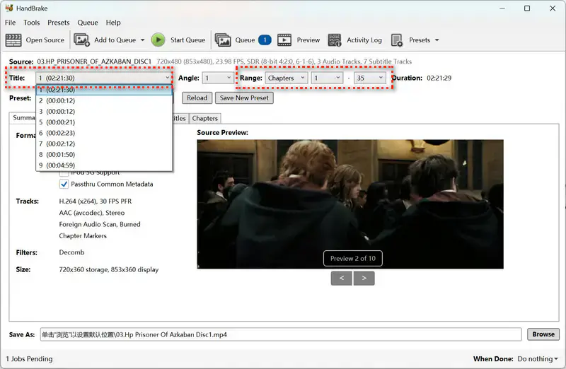 select dvd title on handbrake for windows