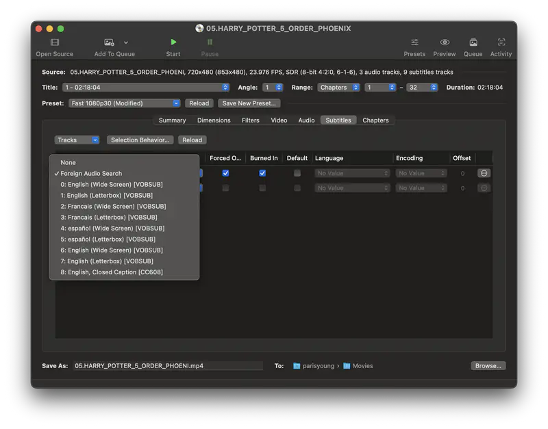 select subtitles for dvd ripping on handbrake