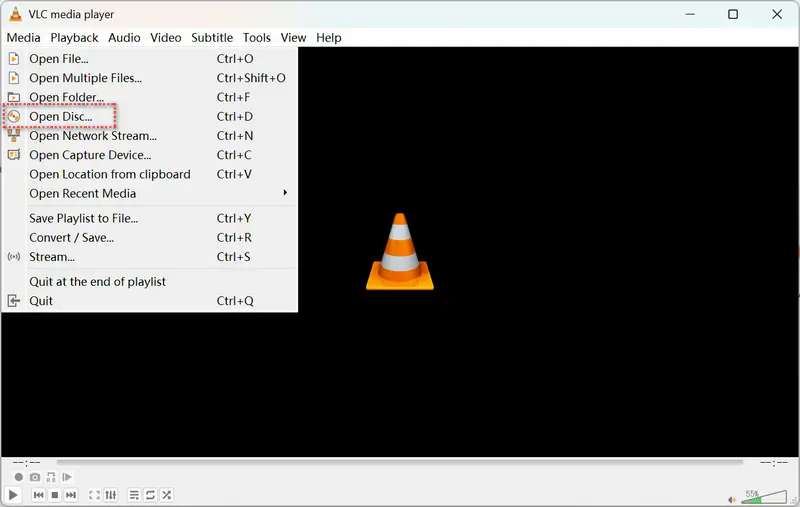 open disc on vlc