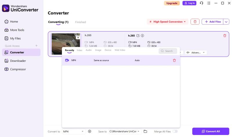 wondershare uniconverter h265 to mp4
