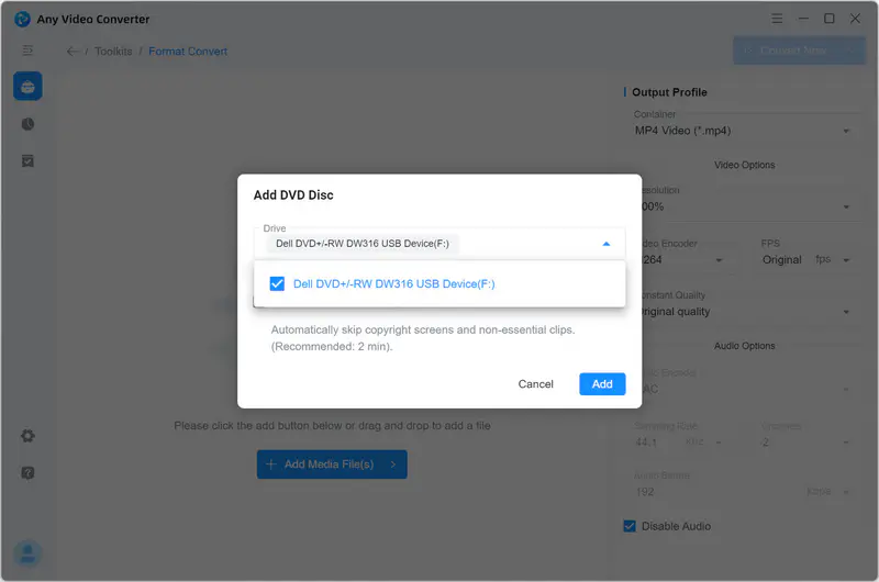 add dvd drive to scan in any video converter