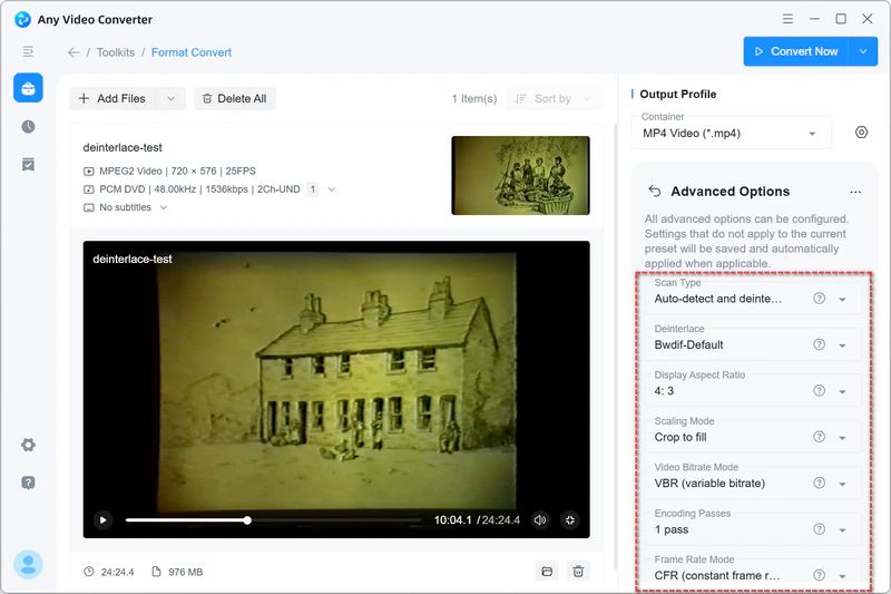 advanced settings for interlaced video